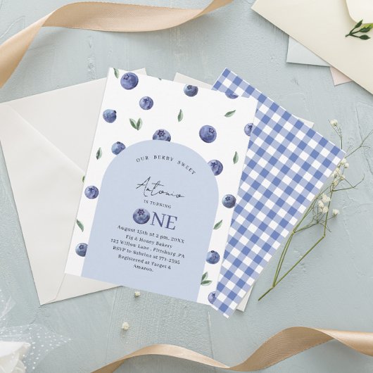 水彩ブルーベリー1st誕生日パーティー 招待状