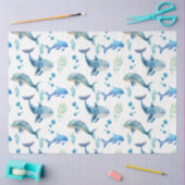 水彩ブルーホエールシームレスパターン 薄葉紙 (クラフト)