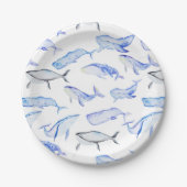 水彩ブルーホエールパターン ペーパープレート (正面)