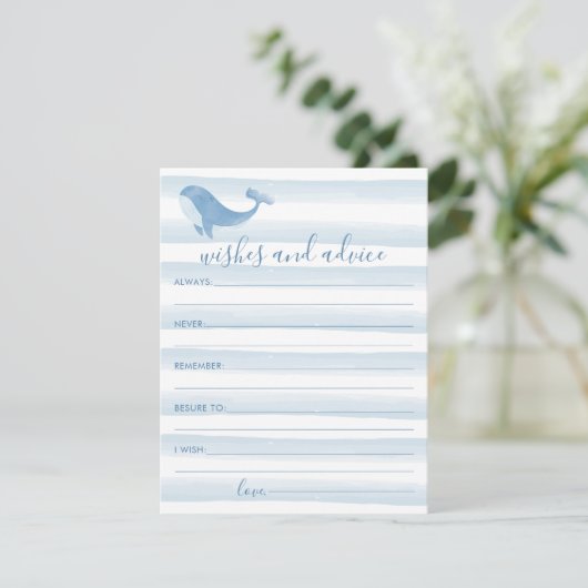 水彩ブルーホエールベビーシャワーウィーズ&アドバイス エンクロージャーカード (スタンド正面)