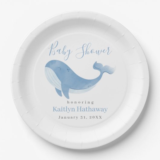 水彩ブルーホエールベビーシャワー ペーパープレート (正面)