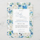 水彩ブルーホワイトフローラボーイベビーシャワー  招待状 (正面/裏面)