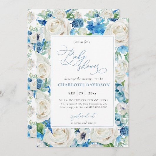 水彩ブルーホワイトフローラボーイベビーシャワー 招待状 (正面/裏面)