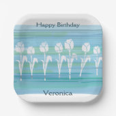 水彩ブルーホワイト誕生日キッズチューリップ ペーパープレート (正面)