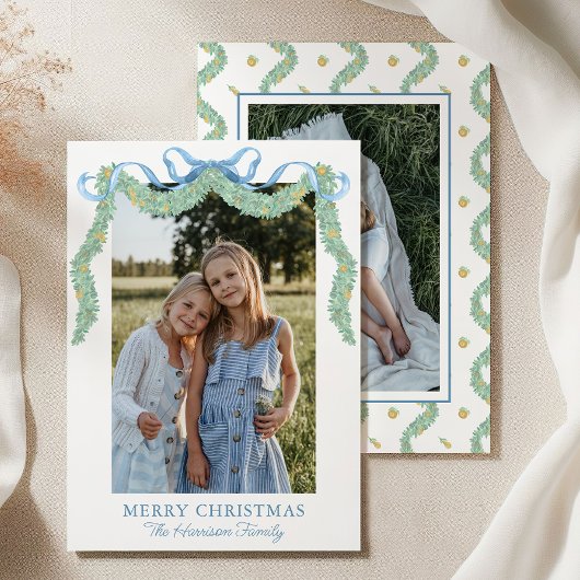 水彩ブルーボウフルーツガーランドクリスマスフォト シーズンカード