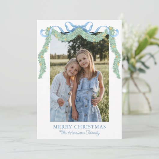 水彩ブルーボウフルーツガーランドクリスマスフォト シーズンカード (スタンド正面)