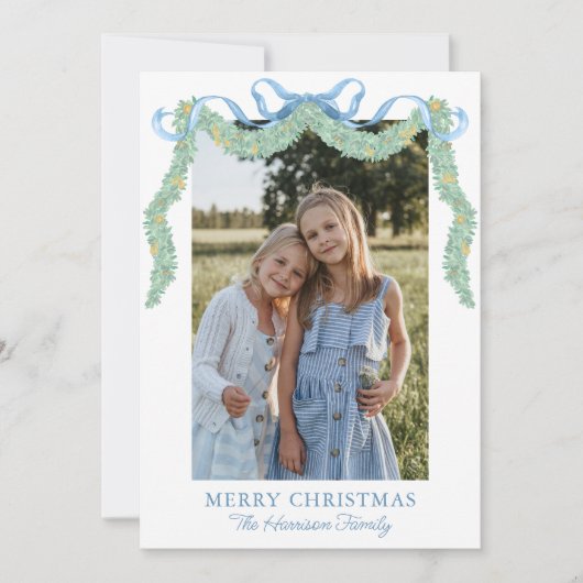 水彩ブルーボウフルーツガーランドクリスマスフォト シーズンカード (正面)