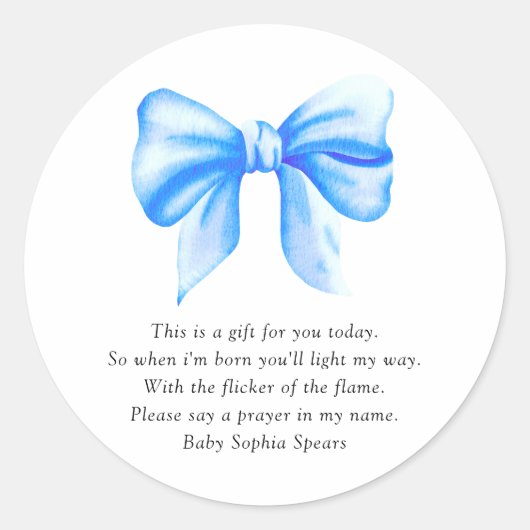 水彩ブルーボウ – 祈りの言葉キャンドルラベル ラウンドシール (正面)