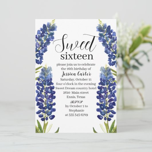 水彩ブルーボンネットワイルドフラワースウィート16 16 招待状 (スタンド正面)