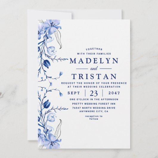 水彩ブルーミニマル素朴リスト結婚フローラ 招待状 (正面)