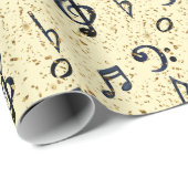 水彩ブルーミュージカル音楽ノート金ゴールドグリッター ラッピングペーパー (ロールコーナー)