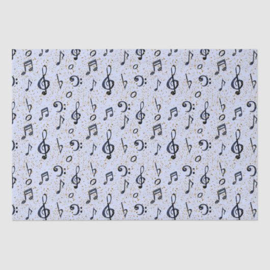 水彩ブルーミュージカル音楽ノート金ゴールドグリッター 薄葉紙 (正面)