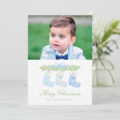 水彩ブルーモノグラムクリスマスストッキング写真 シーズンカード (スタンド正面)