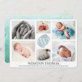 水彩ブルーモノグラムフォトコラージュボーイ誕生 案内状 (正面/裏面)