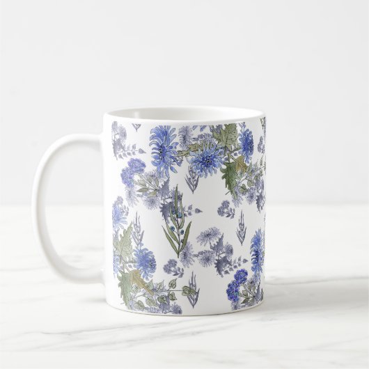 水彩ブルーローズ花白羽 コーヒーマグカップ (左)