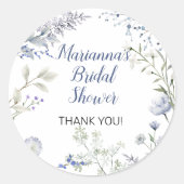 水彩ブルーワイルドフラワーフレームブライダルシャワー ラウンドシール (正面)