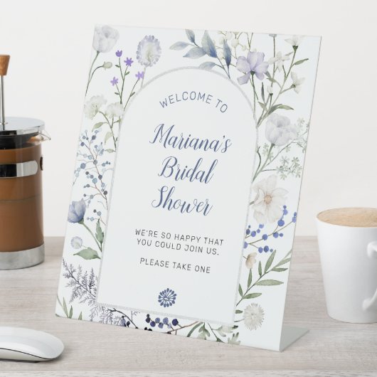 水彩ブルーワイルドフラワーフレームブライダルシャワー 台座サイン (インサイチュ)