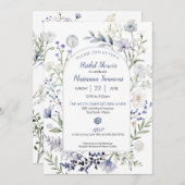 水彩ブルーワイルドフラワーフレームブライダルシャワー 招待状 (正面/裏面)