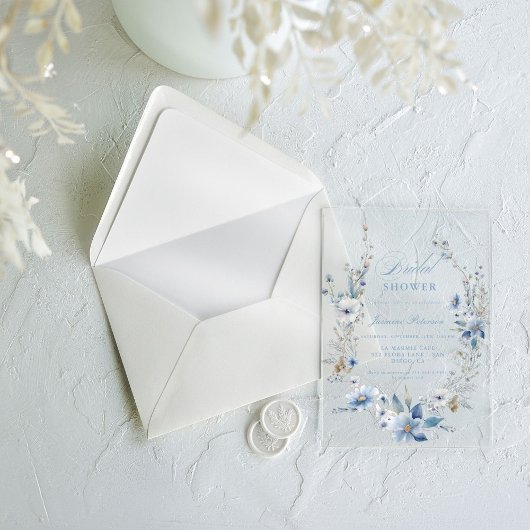 水彩ブルーワイルドフラワーブライダルシャワー アクリル招待状