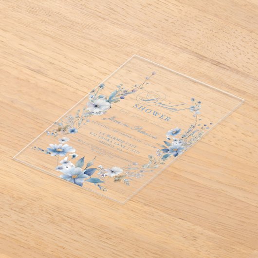 水彩ブルーワイルドフラワーブライダルシャワー アクリル招待状 (レイダウン)