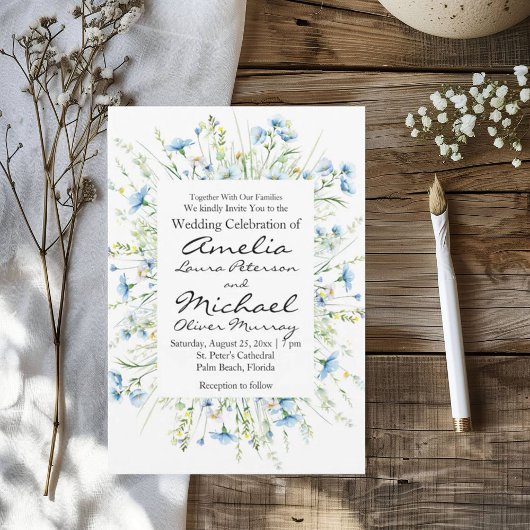 水彩ブルーワイルドフラワー結婚ズ 招待状