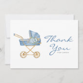 水彩ブルーヴィンテージベビーカー赤ちゃんシャワー サンキューカード (正面)