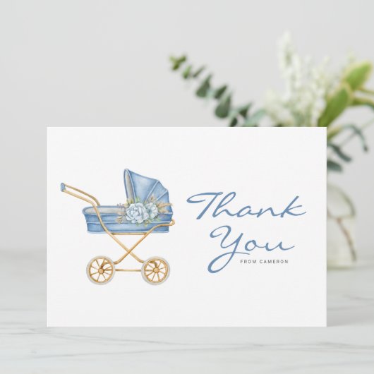 水彩ブルーヴィンテージベビーカー赤ちゃんシャワー サンキューカード (スタンド正面)