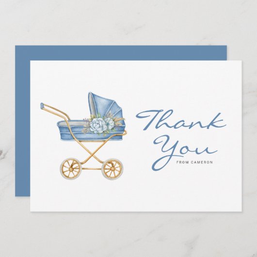 水彩ブルーヴィンテージベビーカー赤ちゃんシャワー サンキューカード (正面/裏面)