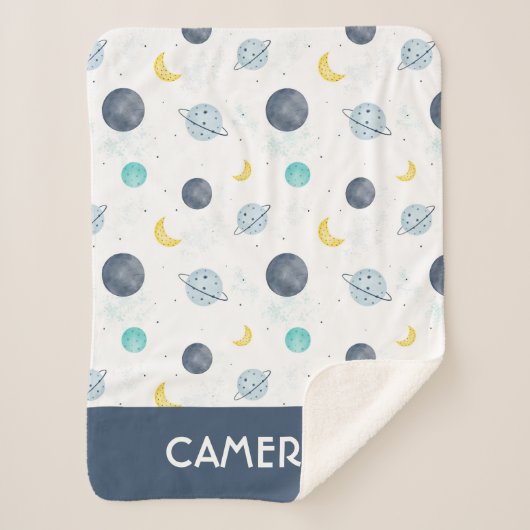 水彩ブルー宇宙惑星パターン シェルパブランケット (正面)