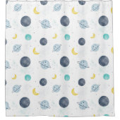 水彩ブルー宇宙惑星パターン シャワーカーテン (正面)