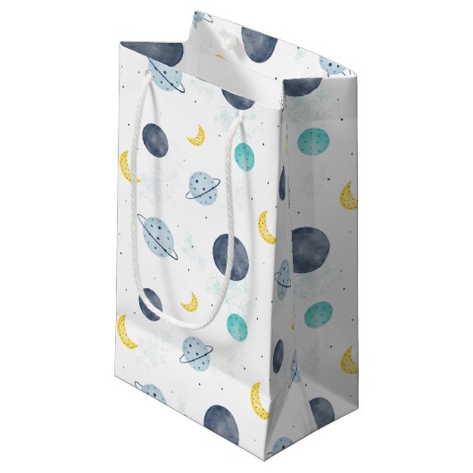 水彩ブルー宇宙惑星パターン スモールペーパーバッグ (正面アングル)
