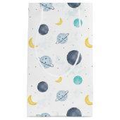 水彩ブルー宇宙惑星パターン スモールペーパーバッグ (正面)