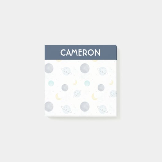 水彩ブルー宇宙惑星パターン ポストイット (正面)