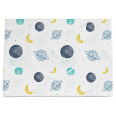 水彩ブルー宇宙惑星パターン ラージペーパーバッグ (正面)