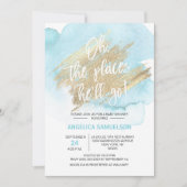 水彩ブルー彼がベビーシャワーに行く場所 招待状 (正面)