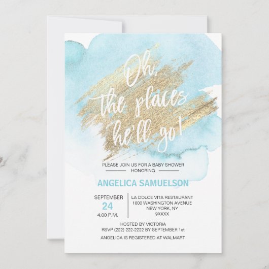 水彩ブルー彼がベビーシャワーに行く場所 招待状 (正面)