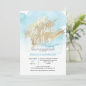水彩ブルー彼がベビーシャワーに行く場所 招待状 (スタンド正面)