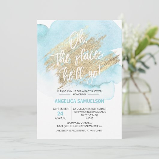 水彩ブルー彼がベビーシャワーに行く場所 招待状 (スタンド正面)