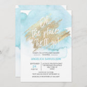 水彩ブルー彼がベビーシャワーに行く場所 招待状 (正面/裏面)