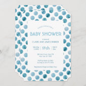 水彩ブルー水玉模様かわいい赤ちゃんシャワー 招待状 (正面/裏面)