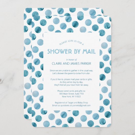 水彩ブルー水玉模様ベビーシャワーbyメール 招待状 (正面/裏面)