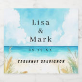 水彩ブルー海ビーチワインラベル スパークリングワインラベル (シングルラベル)