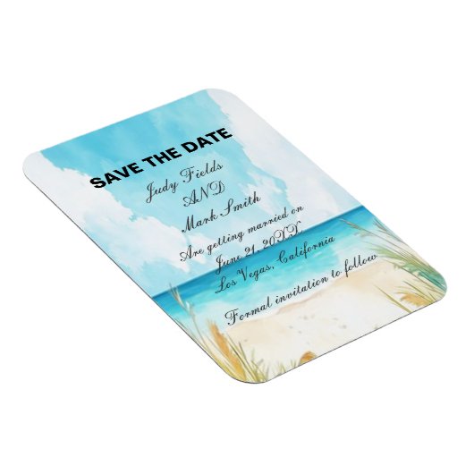 水彩ブルー海ビーチ日付の保存 マグネット (右側)