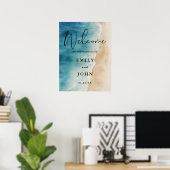 水彩ブルー海ビーチ結婚式ウェルカムサイン ポスター (ホームオフィス)