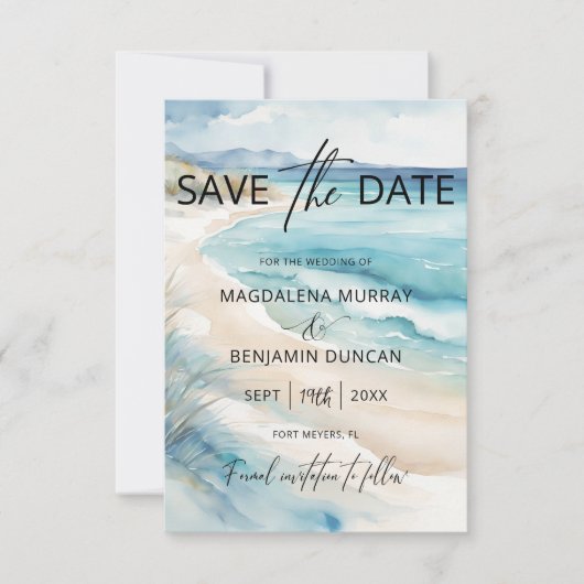 水彩ブルー海岸海結婚景の写真 セーブザデート (正面)