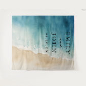 水彩ブルー海砂ビーチ結婚式背景 タペストリー (正面(横))