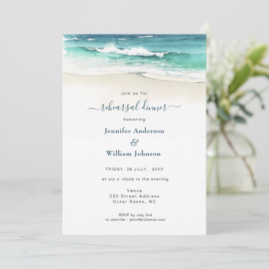 水彩ブルー海結婚のリハーサルディナー 案内状 (スタンド正面)