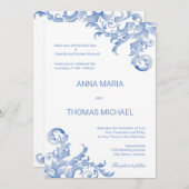 水彩ブルー王室のフローリッシュ結婚式招待状 招待状 (正面/裏面)