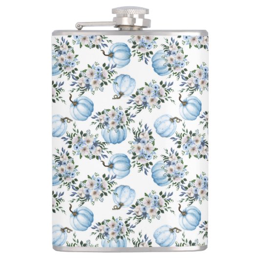 水彩ブルー秋カボチャ&秋の花 フラスク (正面)