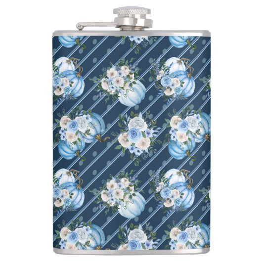 水彩ブルー秋カボチャ&秋の花 フラスク (正面)